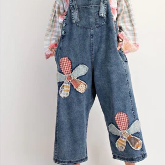 Easel Boho Blue Denim Bib Overalls with Floral Patches - Picture 12 of 12